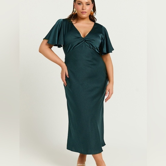 Showpo. AMARTINA MIDI V NECK TWIST BODICE FLUTTER SLEEVE DRESS FOREST GREEN NWT - Picture 2 of 16